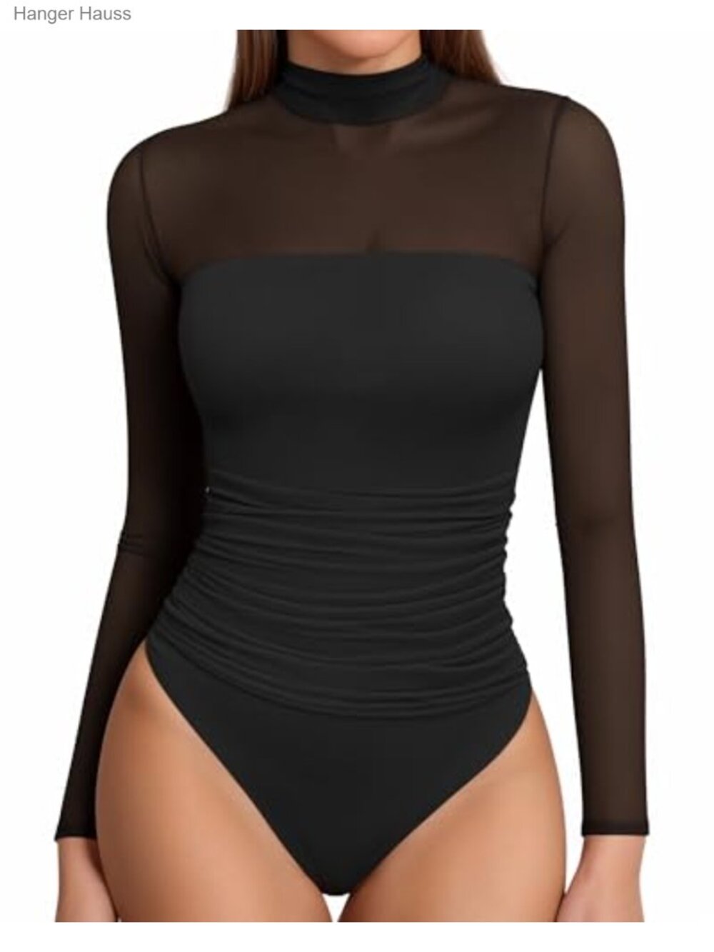 Mock Turtle Neck Bodysuit Mesh Sheer Long Sleeve Thong Snap Closure Top